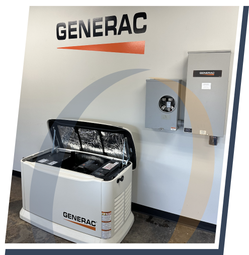 Generac generator unit shown against a white wall with the Generac logo above it